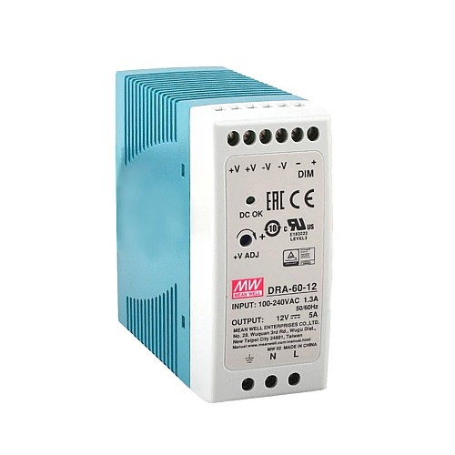 DRA-60-12 MEANWELL 60W 12VDC 5A 115/230VAC Tek Çıkışlı Anahtarlama Güç Kaynağı