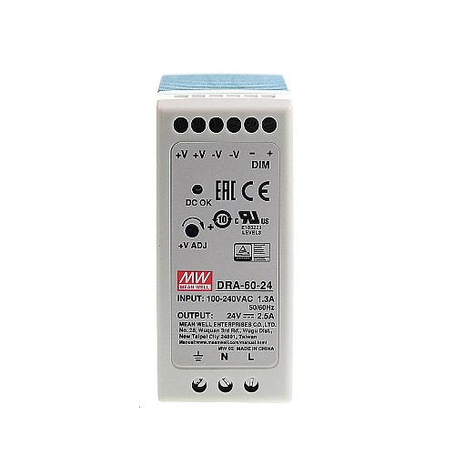 DRA-60-24 MEANWELL 60W 24VDC 2.5A 115/230VAC Tek Çıkışlı Anahtarlama Güç Kaynağı