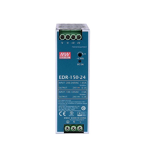 EDR-150-24 MEANWELL 150W 24VDC 5.2A 115VAC/6.5A 230VAC Tek Çıkışlı Endüstriyel DIN RAYI EDR-150-24 MEANWELL 150W 24VDC 5.2A 115VAC/6.5A 230VAC Tek Çıkışlı Endüstriyel DIN RAYI