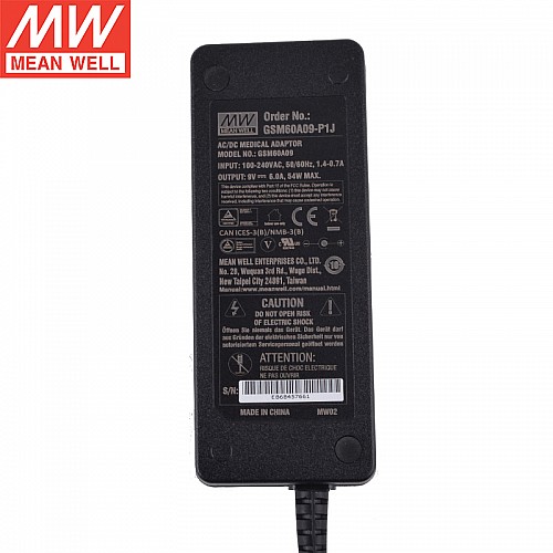 GSM60A09-P1J MEANWELL 54W 9VDC 6A 115/230VAC AC-DC Güvenilir Yeşil Tıbbi Adaptör
