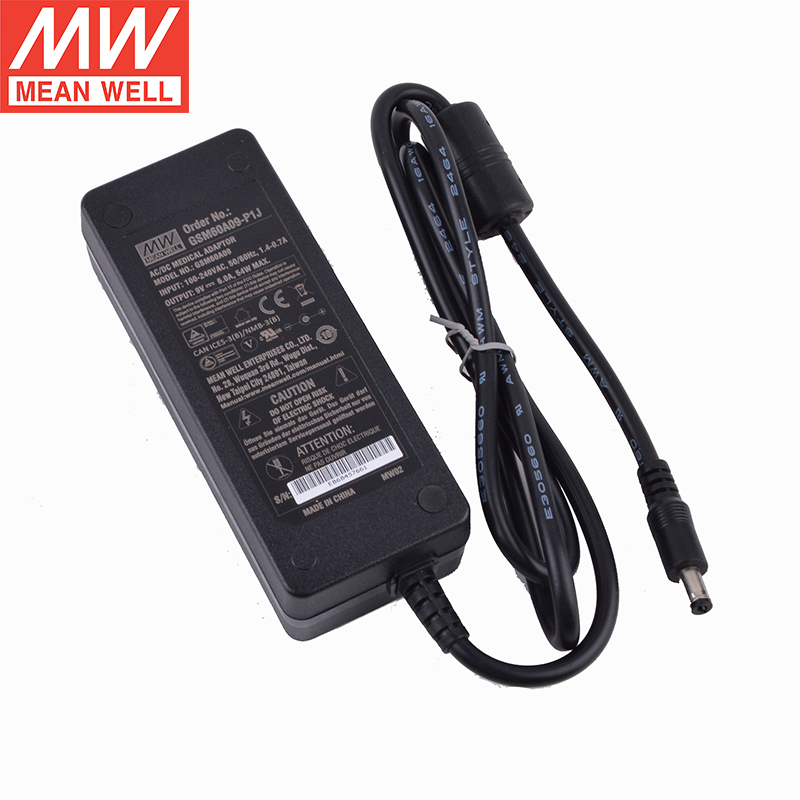 GSM60A09-P1J MEANWELL 54W 9VDC 6A 115/230VAC AC-DC Güvenilir Yeşil Tıbbi Adaptör