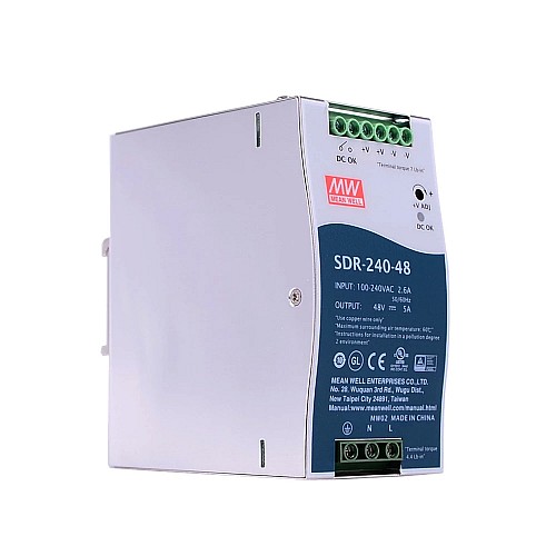 SDR-240-48 MEANWELL 240W 48VDC 5A 115/230VAC Tek Çıkışlı Endüstriyel DIN RAYI PFC Fonksiyonlu