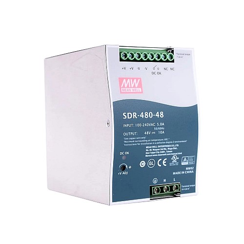 SDR-480-48 MEANWELL 480W 48VDC 10A 115/230VAC Tek Çıkışlı Endüstriyel DIN RAYI PFC Fonksiyonlu