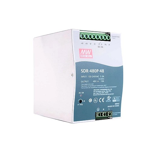SDR-480P-48 MEANWELL 480W 48VDC 10A 115/230VAC Tek Çıkışlı Endüstriyel DIN RAYI PFC ve Paralel Fonksiyonlu
