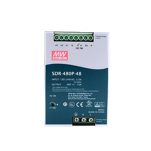 SDR-480P-48 MEANWELL 480W 48VDC 10A 115/230VAC Tek Çıkışlı Endüstriyel DIN RAYI PFC ve Paralel Fonksiyonlu