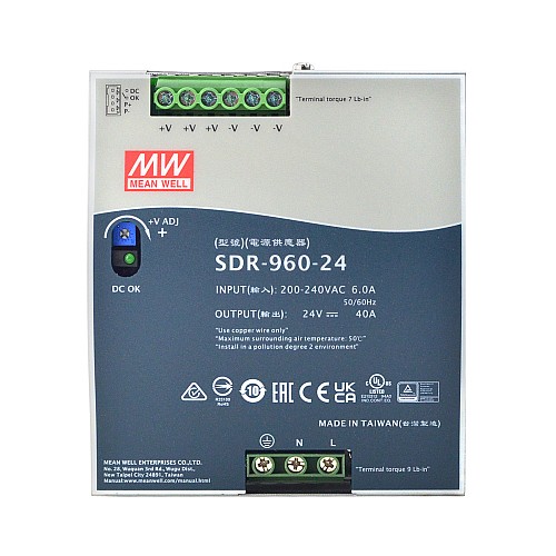 SDR-960-24 MEANWELL 960W 24VDC 40A 230VAC PFC Fonksiyonlu DIN Ray Güç Kaynağı - CN-SDR-960-24 | StepperOnline