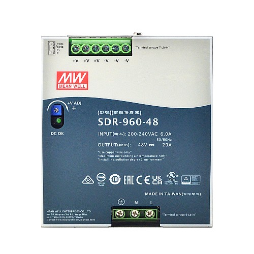 SDR-960-48 MEANWELL 960W 48VDC 20A 230VAC PFC Fonksiyonlu DIN Ray Güç Kaynağı