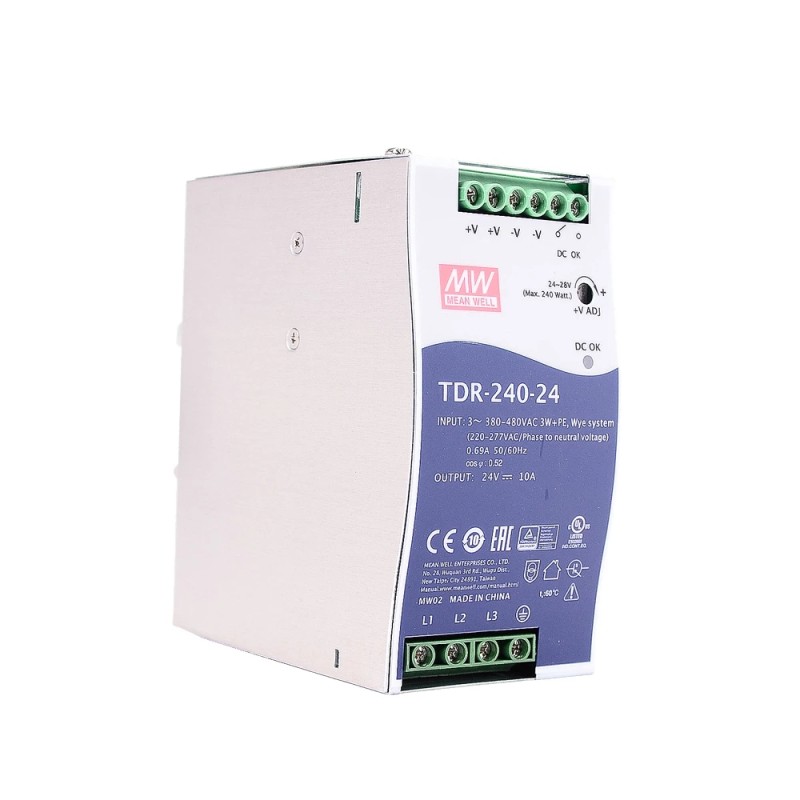 TDR-240-24 MEANWELL 240W 24VDC 10A 400/500VAC İnce Üç Fazlı Endüstriyel DIN Rayı PFC Fonksiyonlu