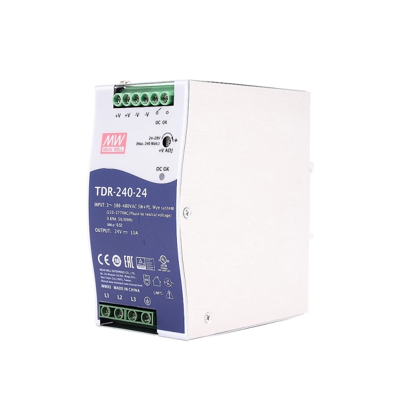 TDR-240-24 MEANWELL 240W 24VDC 10A 400/500VAC İnce Üç Fazlı Endüstriyel DIN Rayı PFC Fonksiyonlu
