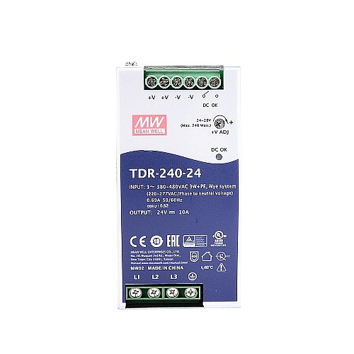 TDR-240-24 MEANWELL 240W 24VDC 10A 400/500VAC İnce Üç Fazlı Endüstriyel DIN Rayı PFC Fonksiyonlu