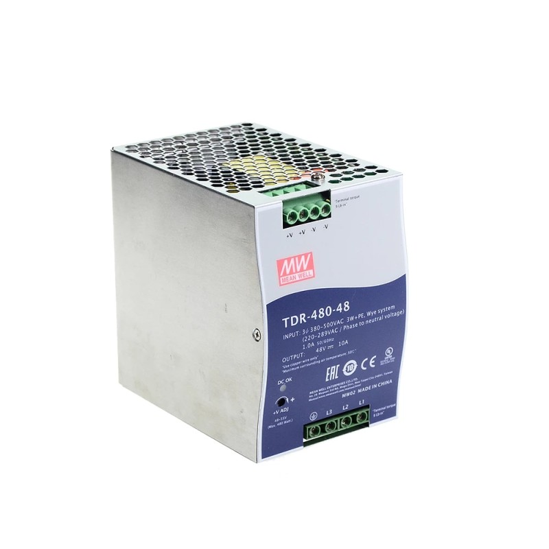TDR-480-48 MEANWELL 480W 48VDC 10A 400/500VAC İnce Üç Fazlı Endüstriyel DIN Rayı PFC Fonksiyonlu