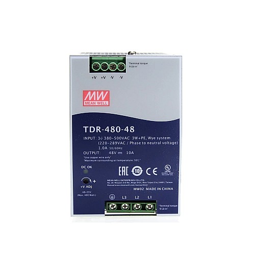 TDR-480-48 MEANWELL 480W 48VDC 10A 400/500VAC İnce Üç Fazlı Endüstriyel DIN Rayı PFC Fonksiyonlu