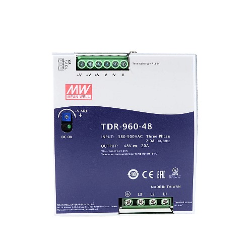 TDR-960-48 MEANWELL 960W 48VDC 20A 400/500VAC İnce Üç Fazlı Endüstriyel DIN Rayı PFC Fonksiyonlu