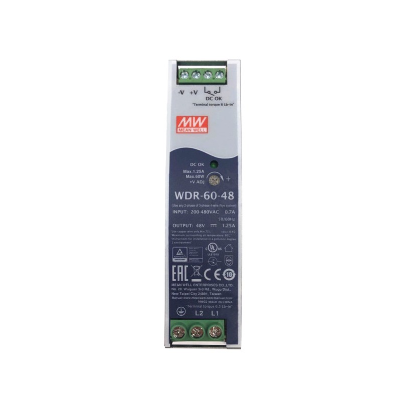 WDR-60-48 MEANWELL 60W 48VDC 1.25A 230/400VAC UltraWide Girişli Endüstriyel DIN Rayı Güç Kaynağı