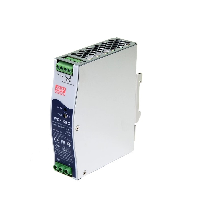 WDR-60-5 MEANWELL 50W 5VDC 10A 230/400VAC UltraWide Girişli Endüstriyel DIN Rayı Güç Kaynağı